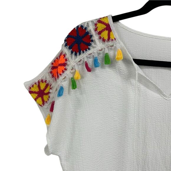 Unbranded White Multicolor Crochet Tassel Tie Short Sleeve Top Womens Medium - Picture 3 of 6